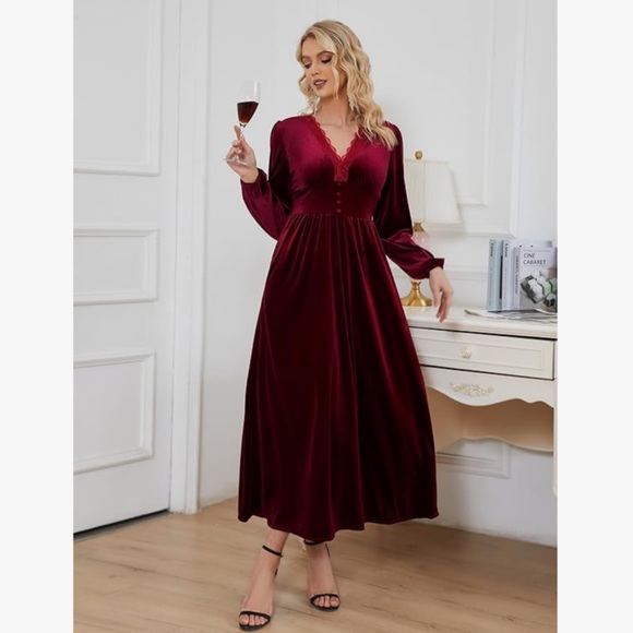 S Adriana Velvet V-Neck Maxi Dress in Dark Red with Smocked Waist Size XL - Picture 1 of 13